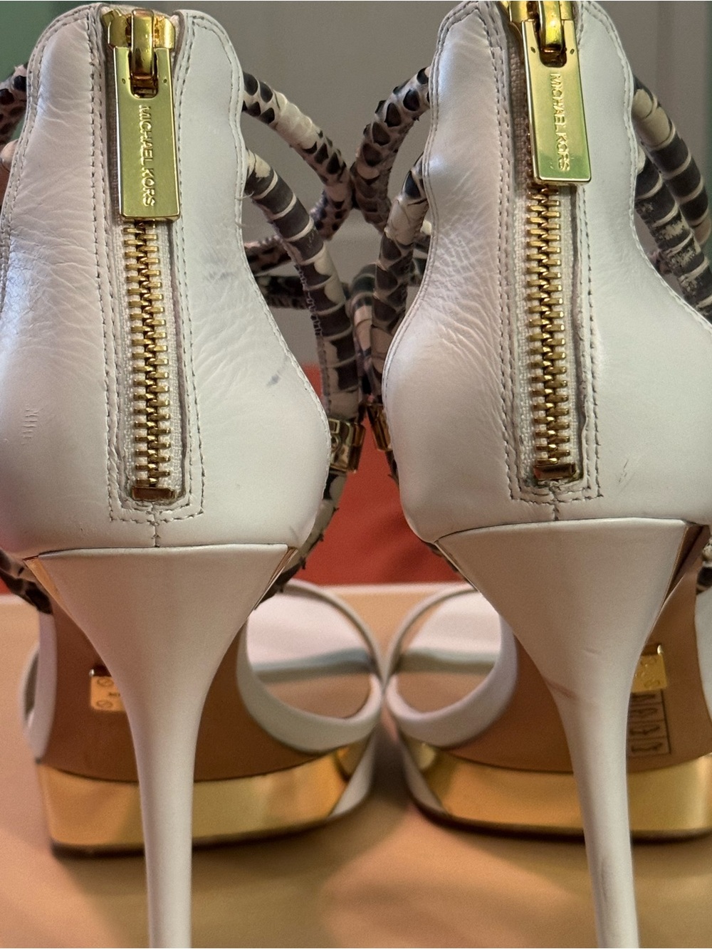 Michael Kors White Leather Heeled Sandals with Snake-Print Ankle Wrap - Picture 7 of 8
